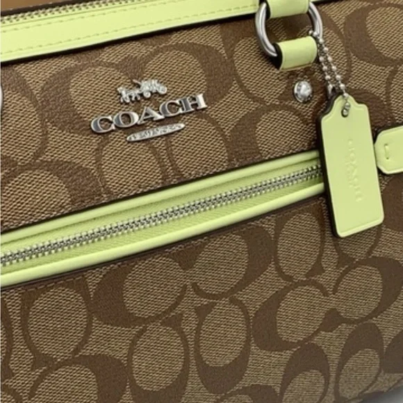 COACH  (83607) Rowan Khaki/Pale Lime Signature Medium Satchel Crossbody Handbag - Picture 15 of 16